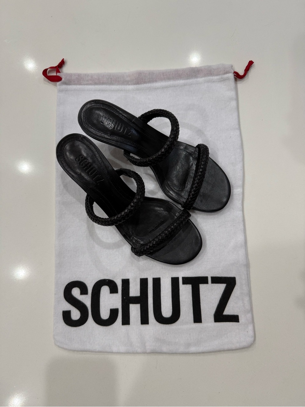 SCHUTZ Black Braided Double-Strap “Taliah” Kitten Heel Sandals
